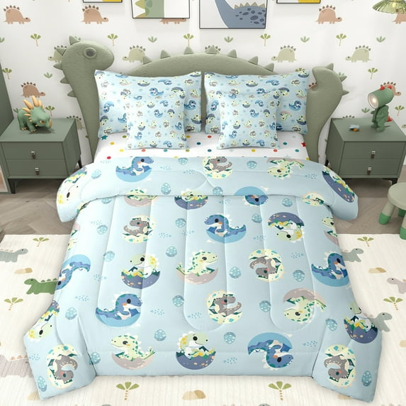Homewish Colorful Wild Dino 7 Pieces Bedding Comforter Set,Cartoon Dinosaur Egg Full Bedding Set,Blue Green Fitted Sheet Flat Sheet For Boys Teens,Ultra Soft Home Decor Reversible