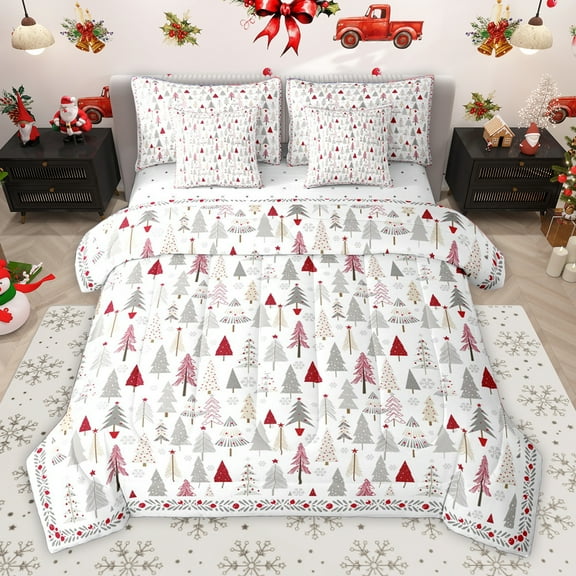 Homewish Colorful Xmas Tree 7-Piece Bedding Comforter Set,Merry Christmas King Bedding Sets,Gray White Red Bed Sheets For Girls Kids,Super Cozy Room Decor