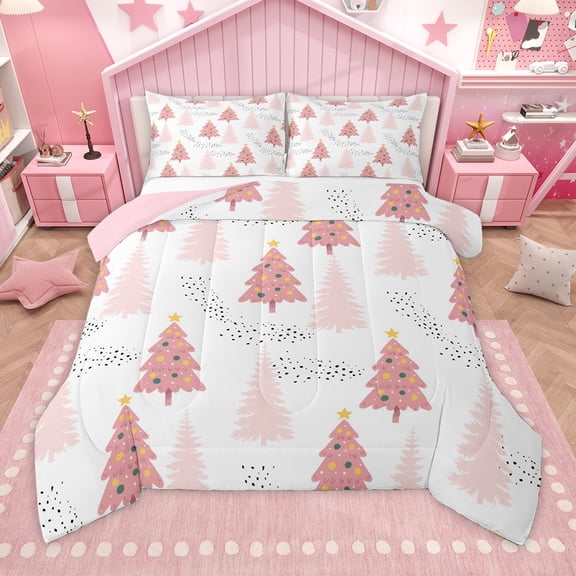 Homewish Colorful Xmas Tree Bedding Comforter Set,Merry Christmas Twin Comforter Sets,Pink White Gray Bedding Set For Girls Kids,Super Cozy Room Decor Reversible,2-Piece