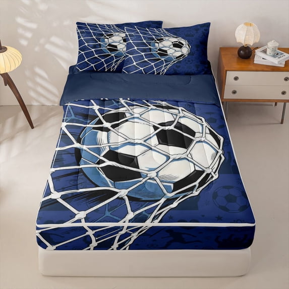 Homewish Comic Soccer Goal Net Zipper Twin Comforter Sets with Fitted Sheet and 2 Pillowcases, Sport Zipper Bedding Set for Boys and Girls, Navy Reversible, 4-Piece
