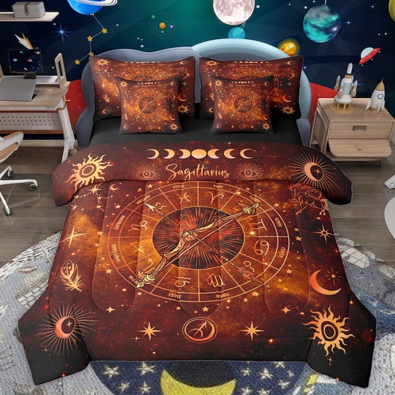 Homewish Constellation Pattern 7-Piece Twin Bedding Sets,Boho Bohemain Bedding Comforter Set,Vintage Moon Stars Sun Sheet Sets For Teens,Luxury Bedroom Decor Reversible