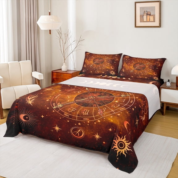 Homewish Constellation Pattern Full Size Sheets,Boho Bohemain Bed Sheets,Vintage Moon Stars Sun Sheet Sets For Teens,Luxury Bedroom Decor,4 Pieces