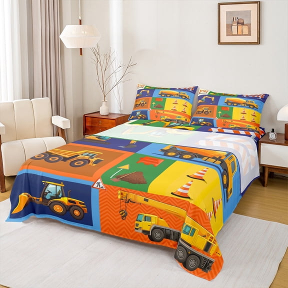Homewish Construction Truck Boys Twin Sheet Sets, Blue Orange Patchwork Plaid Twin Fitted Sheet, Cartoon Truck Theme Flat Sheet, Breathable Home Decor, 3pcs