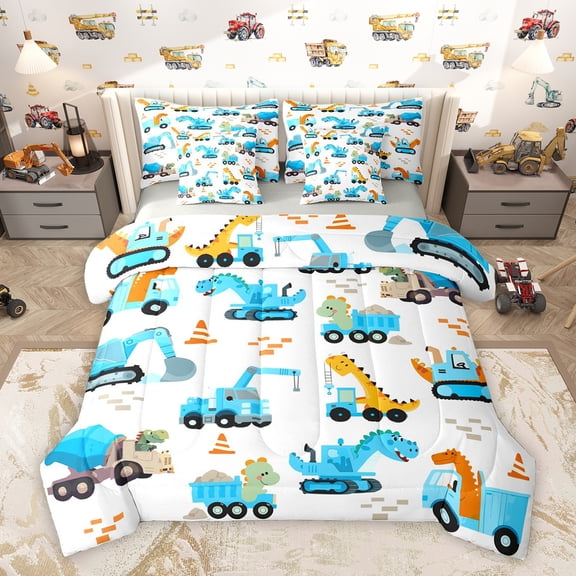 Homewish Construction Vehicle Boys Bedding Comforter Set 7pcs, Cartoon Dinosaur Truck King Bedding Sets, Kawaii Animal Reversible Bed Sheets, Super Cozy Room Decor