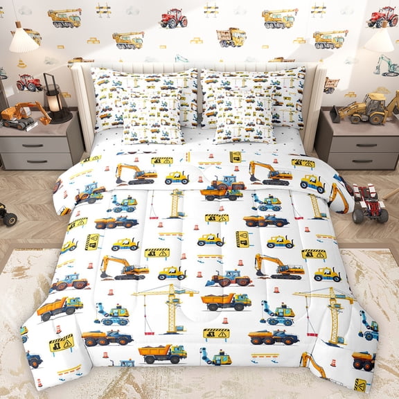 Homewish Construction Vehicle Excavator 7-Piece Twin Bedding Sets,Crane Bulldozer Truck Bedding Comforter Set,White Blue Yellow Sheet Sets For Teens Kid,Luxury Bedroom Decor