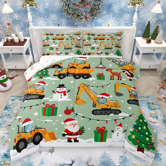 Homewish Construction Vehicle Excavator Bedding Comforter Set,Cute Santa Claus Snowman Twin Comforter Sets,Merry Christmas Bedding Set For Boys Kids,Luxury Bedroom Decor Reversible,2pcs