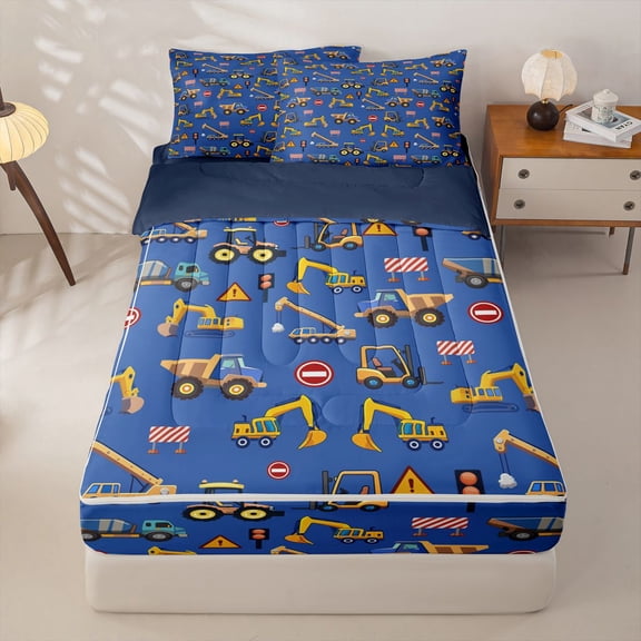Homewish Construction Vehicle Zipper Twin Comforter Sets with Fitted Sheet and 2 Pillowcases For Boys And Girls,Yellow Blue Orange Digger Zipper Bedding Set,Navy Blue Reversible,4 Pieces