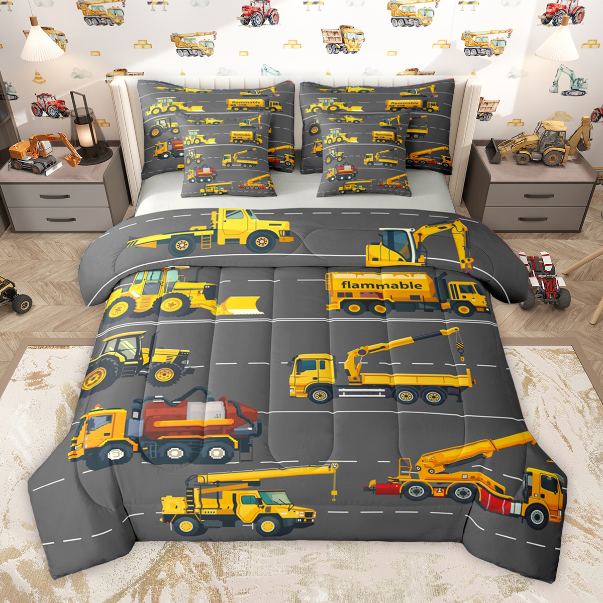 Homewish Construction Vehicles 7-Piece Twin Bedding Sets,Flammable Bedding Comforter Set,Brown Brown Sheet Sets For Boys Kids,Super Cozy Room Decor Reversible