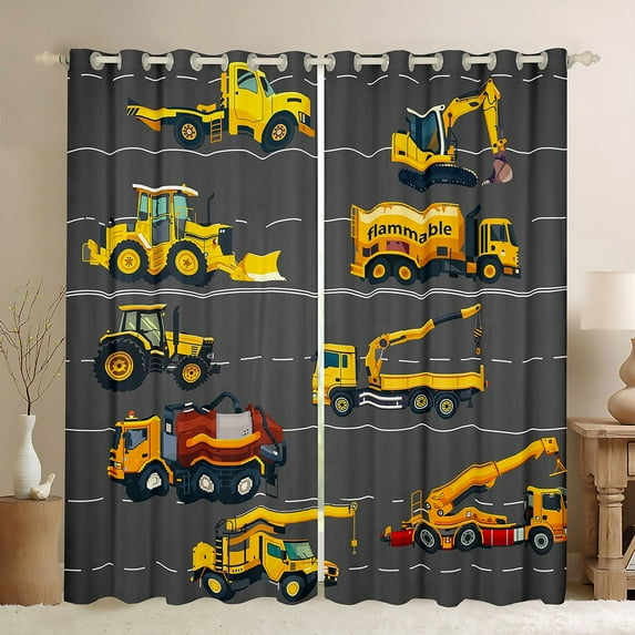 Homewish Construction Vehicles Curtains Pack of 2 (42x84 Each),Flammable Curtains Blackout,Brown Brown Bedroom Curtains For Boys Kids,Super Cozy Room Decor
