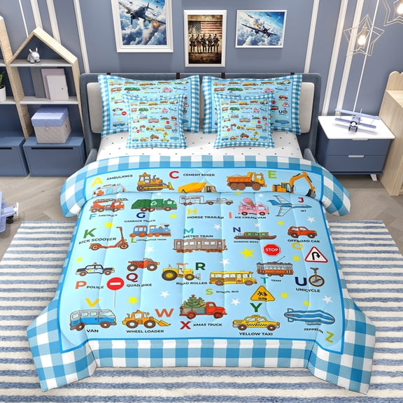 Homewish Construction Vehicles Truck 7-Piece Bedding Comforter Set,Letters Alphabet King Bedding Sets,Blue Plaid Grid Bed Sheets,Breathable Home Decor
