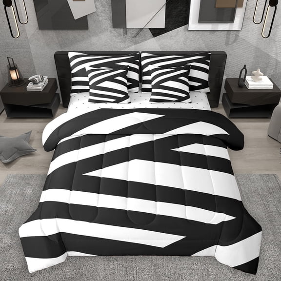 Homewish Contemporary Art Boho 7-Piece Bedding Comforter Set,Geometric Striped Line King Bedding Sets,White Black Bed Sheets For Boys Teens,Breathable Home Decor