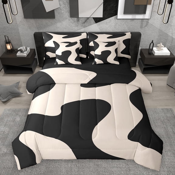 Homewish Contemporary Art Boho 7-Piece Twin Bedding Sets,Geometric Striped Line Bedding Comforter Set,Brown Black Sheet Sets For Boys Teens,Breathable Home Decor Reversible