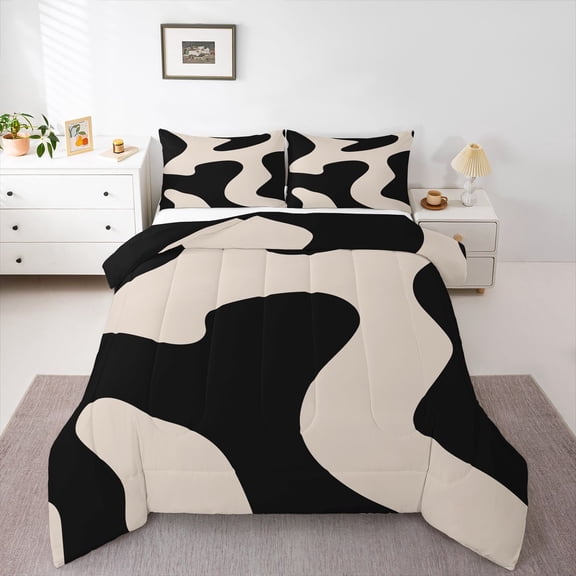 Homewish Contemporary Art Boho Bedding Comforter Set,Geometric Striped Line Twin Comforter Sets,Brown Black Bedding Set For Boys Teens,Breathable Home Decor Reversible,2pcs