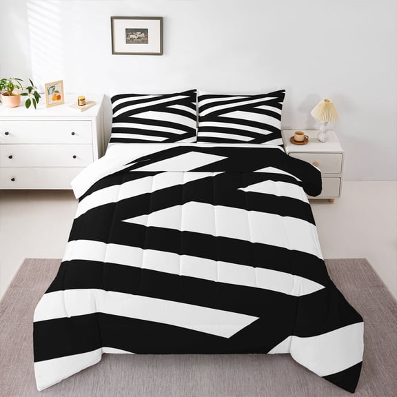 Homewish Contemporary Art Boho Bedding Comforter Set,Geometric Striped Line Twin Comforter Sets,White Black Bedding Set For Boys Teens,Breathable Home Decor,2-Piece