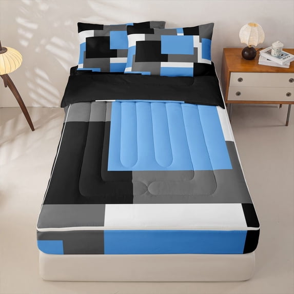 Homewish Contemporary Block Zipper Queen Comforter Set with Fitted Sheet and 2 Pillowcases,Modern Aesthetic Zipper Bedding Set,Sky Blue,Black Reversible,4pcs