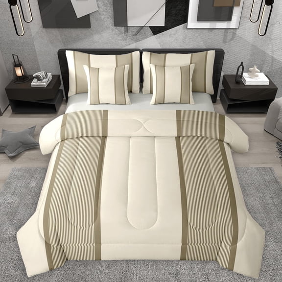 Homewish Contemporary Geometric Stripe 7 Pieces Bedding Comforter Set,Minimalism Geometric Striped Full Bedding Set,Beige Brown Fitted Sheet Flat Sheet For Boys Teens,Breathable Home Decor Reversible
