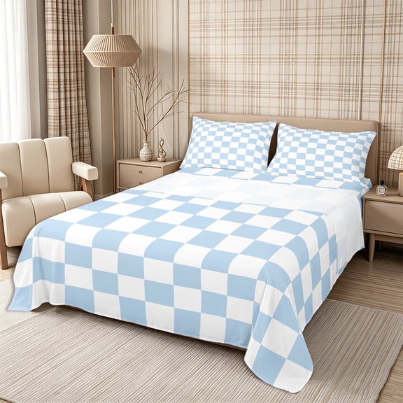 Homewish Contemporary Gingham Queen Sheets 4 Pieces, Minimalist Checkered Queen Sheet Sets, Light Blue,1 Fitted Sheet, 1 Flat Sheet and 2 Pillowcases