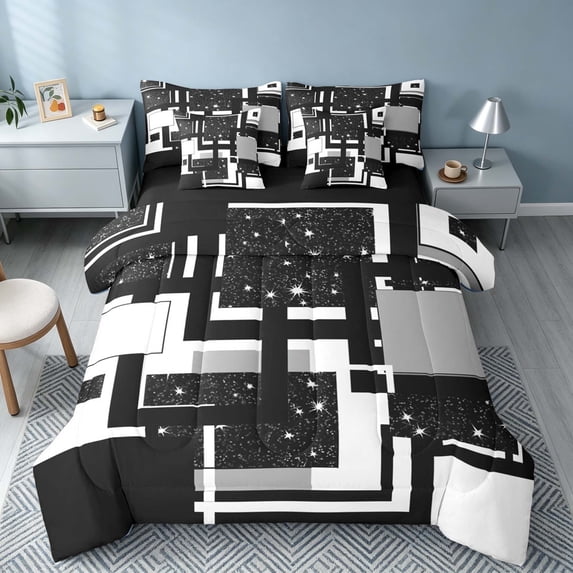 Homewish Contemporary Grid Queen Bedding, Black White Gray Bedding Comforter Set Queen, Black Reversible, 7pcs