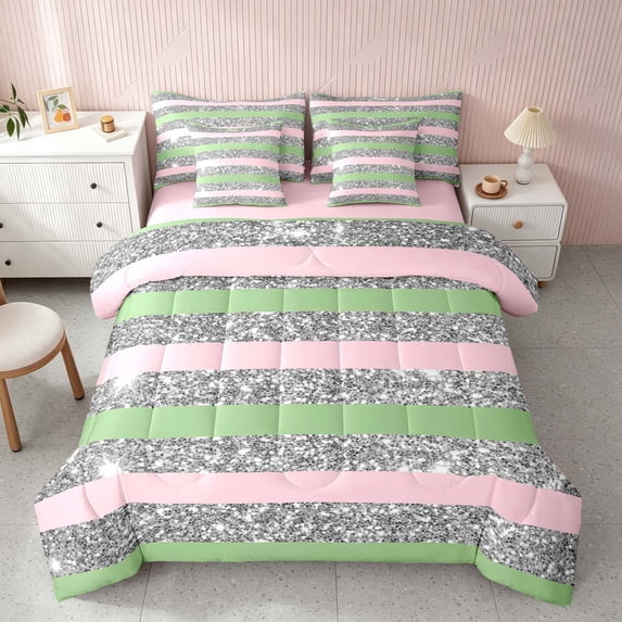 Homewish Contemporary Striped Twin Bedding, Pink Green Silver Bedding Comforter Set, Pink Reversible, 7 Pieces