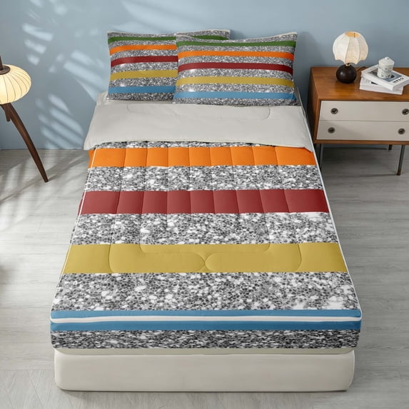 Homewish Contemporary Striped Zipper Twin Comforter Sets with Fitted Sheet and 2 Pillowcases, Colorful Silver Zipper Bedding Set