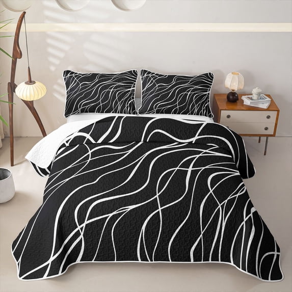 Homewish Contemporary Stripes Quilt King,Abstract Geometric King Coverlet Set,Black White,3pcs