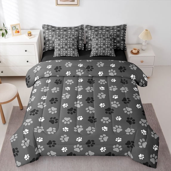 Homewish Cool Dog Paw 7-Piece King Bedding,Cartoon Pet Themed King Bed in a Bag,Gray,Black Reversible