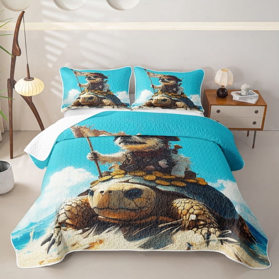 Homewish Cool Dog Turtle Bed Spread Queen,Cartoon Animal Queen Coverlet Set,Blue White,3 Pieces