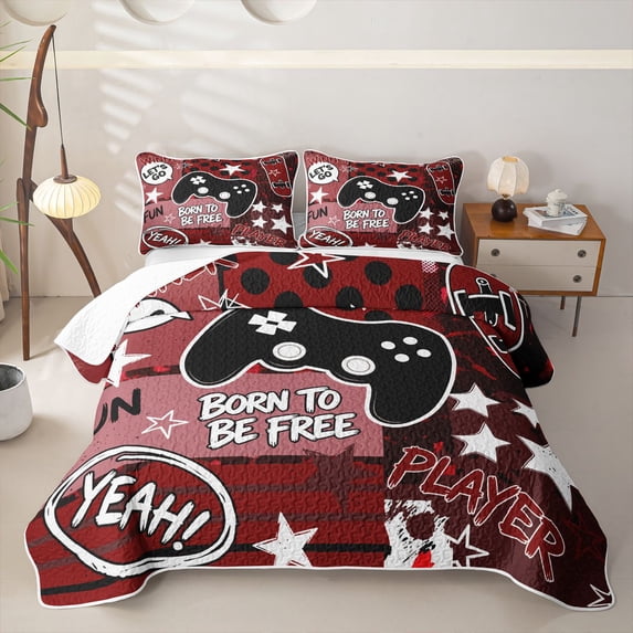 Homewish Cool Gamer Game Pad Quilt King,Stars Skateboard King Coverlet Set,Red Black,3pcs
