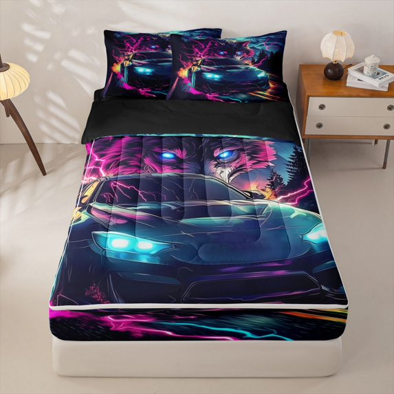 Homewish Cool Race Car Zipper Twin Comforter Sets with Fitted Sheet and 2 Pillowcases For Kids Boys,Sports Car Zipper Bedding Set,Black Reversible,4-Piece