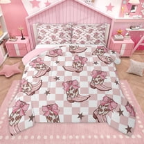 Homewish Cool Western Cowgirl Bedding Comforter Set,Retro Rustic Farmhouse Cabin Twin Comforter Sets,Pink White Grometric Plaid Bedding Set For Girls Kids,Microfiber Bedroom Decor Reversible,2pcs