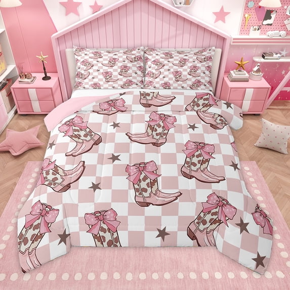 Homewish Cool Western Cowgirl Full Size Comforter Sets,Retro Rustic Farmhouse Cabin Bedding Comforter Set,Pink White Grometric Plaid Bedding Sets,Microfiber Bedroom Decor Reversible,3-Piece