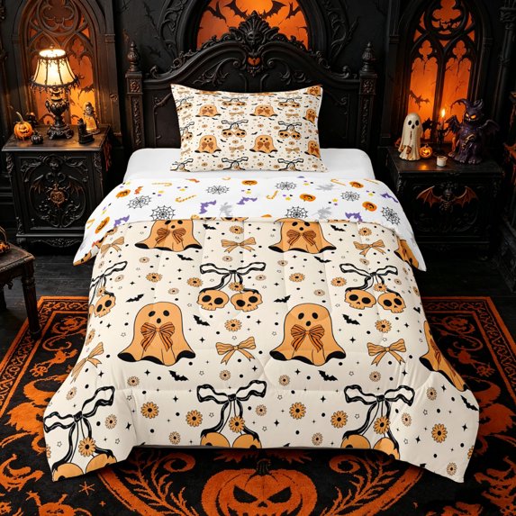 Homewish Coquette Bow Ghost Twin Comforter Sets for Kids, Pumpkin Orange Skull Daisy Bat Bedding Set, Halloween Reversible, 2pcs, 1 Comforter and 1 Pillowcase