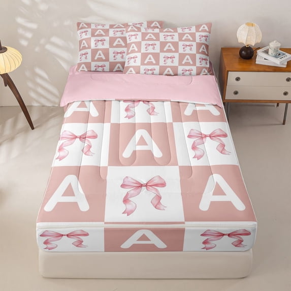 Homewish Coquette Bowknot Zipper Full Size Comforter Sets with Fitted Sheet and 2 Pillowcases,Pink A Alphabet Zipper Bedding Set For Bow Lovers,Pink Reversible,4-Piece