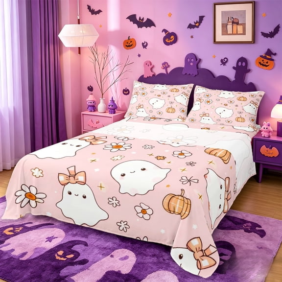Homewish Coquette Cute Halloween Ghost Bed Sheets,Bow Daisy Pumpkin Print Full Size Sheets,Blush Pink White,4pcs,1 Flat Sheet,1 Fitted Sheet and 2 Pillowcases