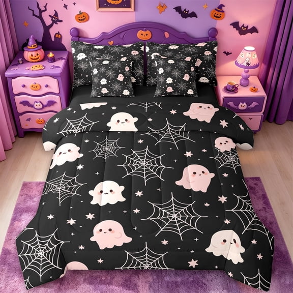 Homewish Coquette Halloween Ghost 7-Piece Twin Bedding,Spider Web Pattern Bedding Comforter Set,Black Light Pink,Black Reversible