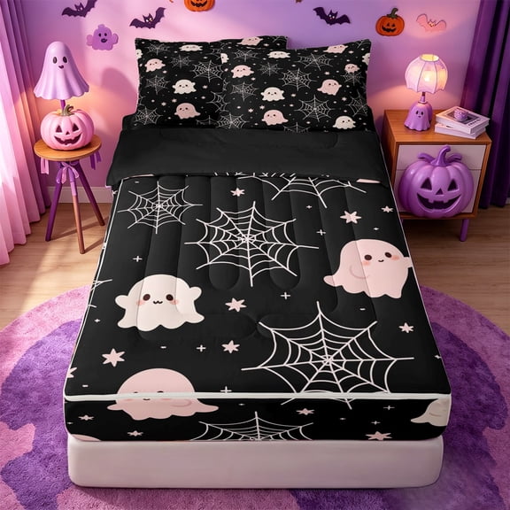 Homewish Coquette Halloween Ghost Zipper Queen Comforter Set with Fitted Sheet and 2 Pillowcases,Spider Web Pattern Zipper Bedding Set,Black Light Pink,Black Reversible,4pcs