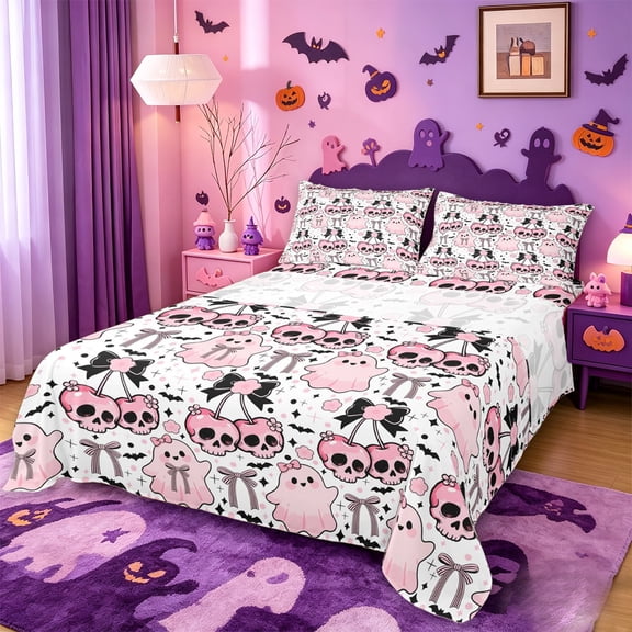 Homewish Coquette Halloween Skull Ghost Bed Sheets,Cherry Bow Print Full Size Sheets,Pink White,4-Piece,1 Flat Sheet,1 Fitted Sheet and 2 Pillowcases
