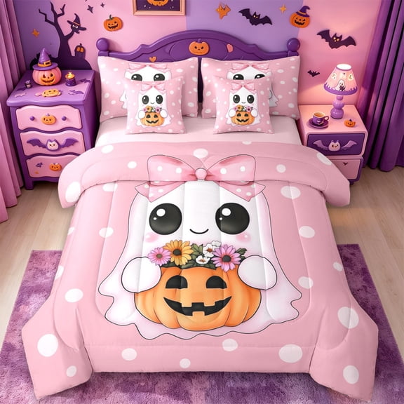 Homewish Coquette Kawaii Halloween Ghost 7-Piece Twin Bedding,Pink Bow Daisy Polka Dot Print Bedding Comforter Set,Pink Reversible