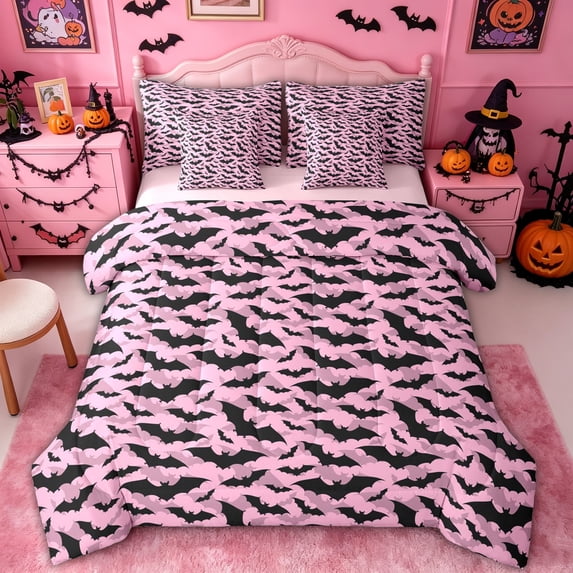 Homewish Coquette Pink Bat Camo Full Size Bedding Sets for Girls, Sugar Halloween Style Full Size Bed in a Bag, Pink Reversible, 7pcs