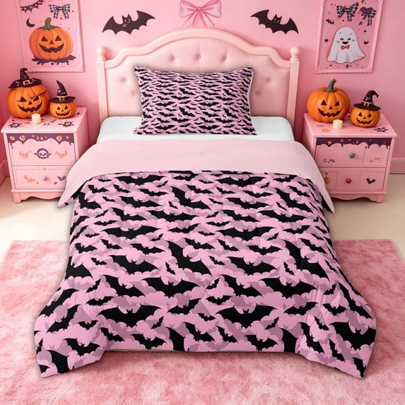 Homewish Coquette Pink Bat Camo Twin Comforter Sets for Girls, Sugar Halloween Style Bedding Set, Pink Reversible, 2pcs, 1 Comforter and 1 Pillowcase