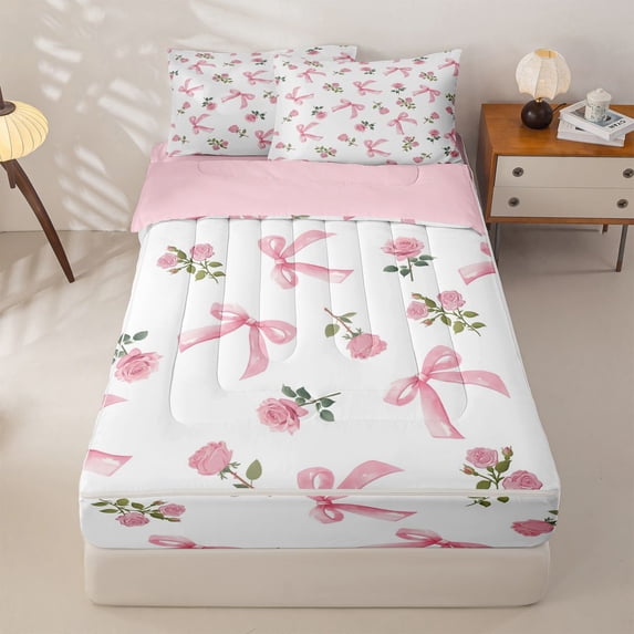 Homewish Coquette Pink Bowknot Zipper Full Size Comforter Sets with Fitted Sheet and 2 Pillowcases,Pink Blossom Flowers Zipper Bedding Set For Kids Girls,Pink Reversible,4-Piece