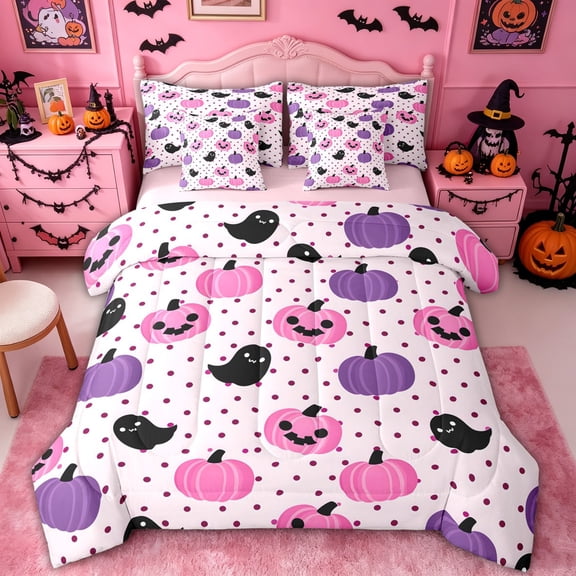 Homewish Coquette Pumpkin Ghost Full Size Bedding Sets, Cute Halloween Polka Dot Full Size Bed in a Bag, Pink Reversible, 7pcs