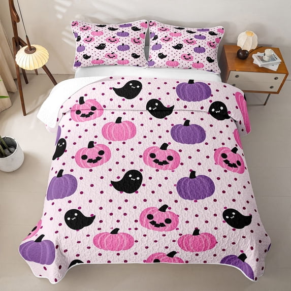Homewish Coquette Pumpkin Ghost Twin Quilt Set for Teens, Cute Halloween Polka Dot Twin Coverlet Set, 2pcs