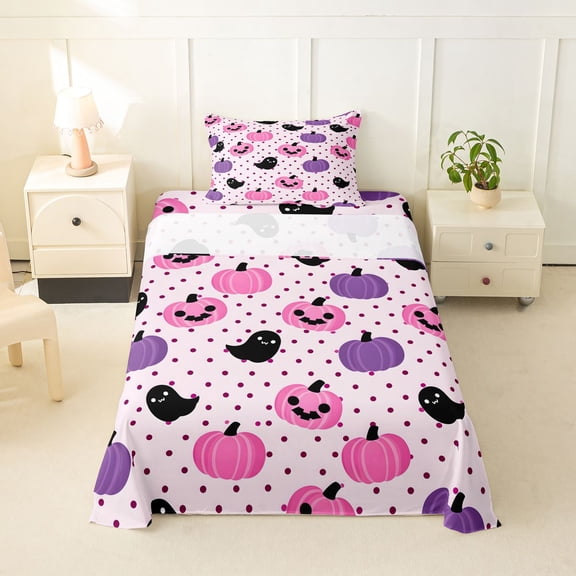 Homewish Coquette Pumpkin Ghost Twin Sheets for Teens, Cute Halloween Polka Dot Bedding, 3pcs, 1 Flat Sheet, 1 Fitted Sheet and 1 Pillowcase