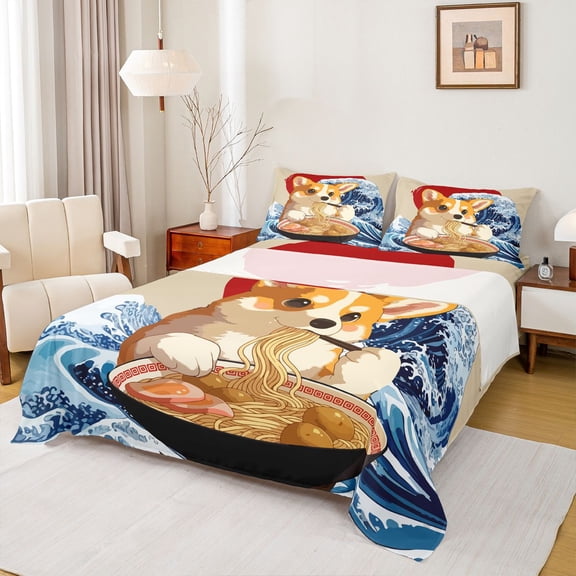 Homewish Corgi Dog Queen Sheets,Japanese Style Queen Sheet Sets,Cream,4pcs,1 Flat Sheet, 1 Fitted Sheet and 2 Pillowcases