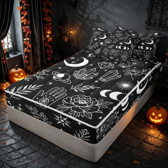 Homewish Cosmos Celestial Zipper Twin Comforter Sets with Fitted Sheet and 2 Pillowcases, Moon Star Floral Zipper Bedding Set, Black White, Black Reversible