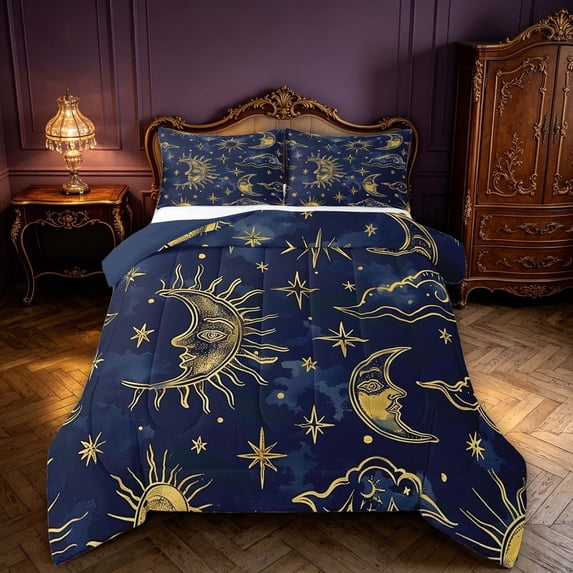 Homewish Cosmos Sun Moon Queen Comforter Set, Galaxy Star Cloud Comforter Sets Queen, Navy Blue Reversible 3 Pieces, 1 Comforter and 2 Pillowcases