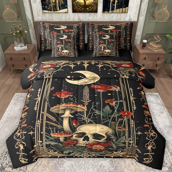 Homewish Country Botanical Fungus 7-Piece Twin Bedding Sets,Spooky Gothic Skull Bedding Comforter Set,Rustic Mushroom Floral Sheet Sets For Girls,Ultra Soft Home Decor Reversible
