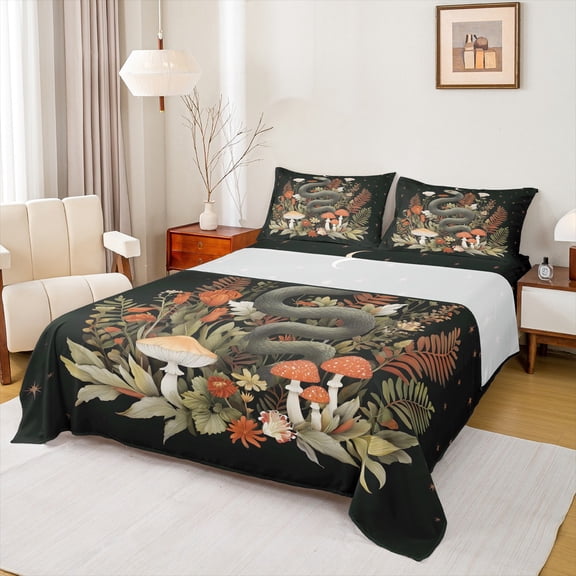 Homewish Country Botanical Fungus Twin Sheet Sets,Safari Snake Twin Fitted Sheet,Rustic Mushroom Floral Flat Sheet For Girls,Ultra Soft Home Decor,3pcs