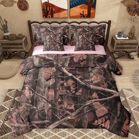 Homewish Country Botanical Leaf 7pcs Bedding Comforter Set,Rustic Tree Branch Queen Bedding Sets,Pink Plant Queen Sheet Sets For Men Women,Luxury Bedroom Decor Reversible